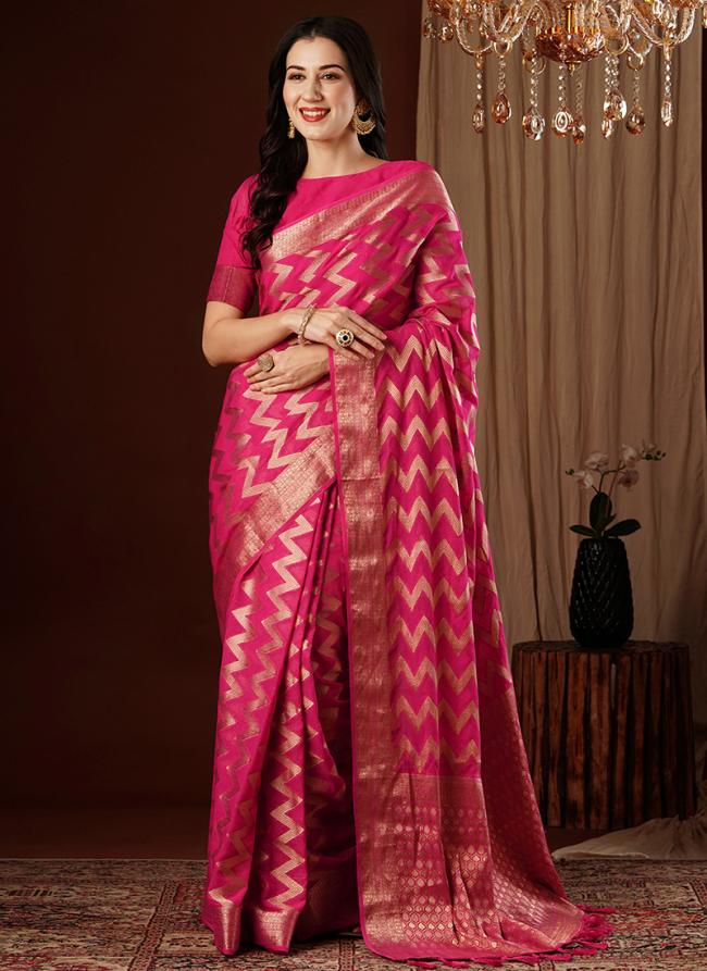 Pure Georgette Rani Pink Festival Wear Weaving Saree